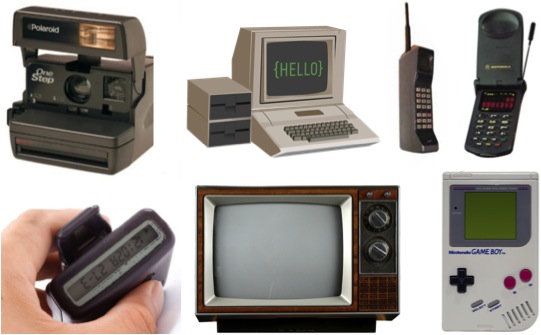 Gameboy, CRT TV, 80's cellphone/flipphone, Polaroid camera