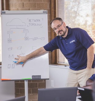 Man in front of whiteboard outlining a Network Server Setup